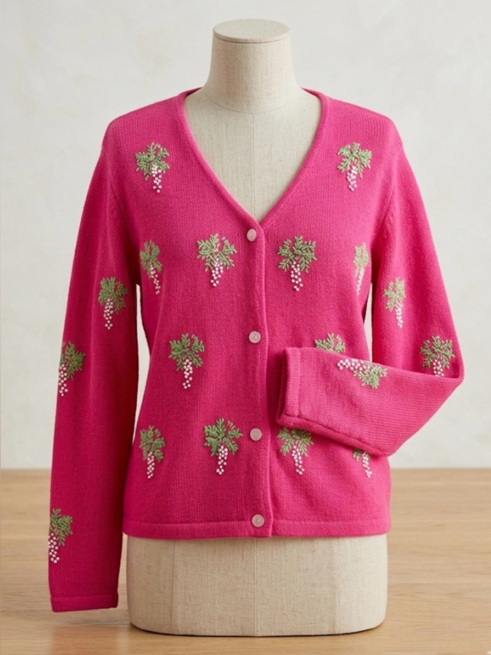 Vintage Lilly Pulitzer Pink Cardigan with Green & White palm tree Embroidery.